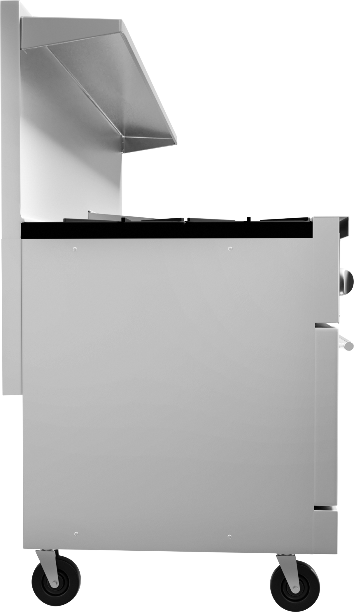 A side view of a stainless steel commercial grill cart with a fold-up lid, black grill grates, thermostatic griddle control knobs, and two sturdy wheels for mobility. The cart has a sleek, modern design and appears clean and unused.