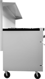 A side view of a stainless steel commercial grill cart with a fold-up lid, black grill grates, thermostatic griddle control knobs, and two sturdy wheels for mobility. The cart has a sleek, modern design and appears clean and unused.
