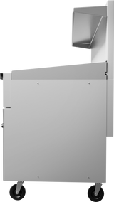 Side view of a modern stainless steel food service cart on four black wheels, featuring clean lines and a raised compartment, perfect for use alongside a thermostatic griddle or restaurant range in a busy kitchen. The overall design is functional and industrial.