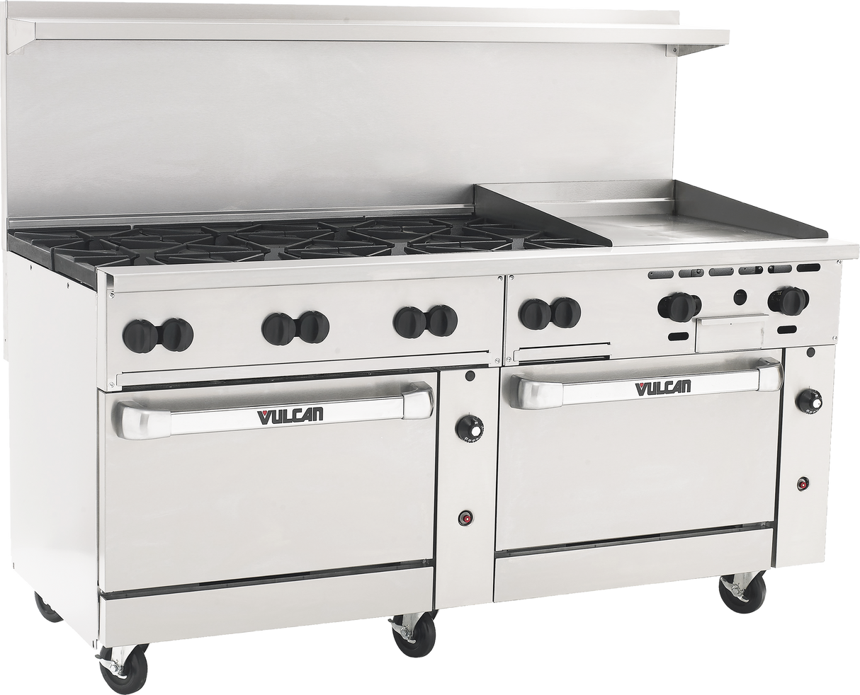 A large commercial stainless steel restaurant range features six gas burners on the left, a thermostatic griddle on the right, two Vulcan-labeled ovens below, control knobs above, a backsplash, and wheels for easy mobility.