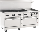 A large commercial stainless steel restaurant range features six gas burners on the left, a thermostatic griddle on the right, two Vulcan-labeled ovens below, control knobs above, a backsplash, and wheels for easy mobility.