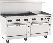 A commercial stainless steel restaurant range with six gas burners on the left, a thermostatic griddle on the right, two oven doors below, multiple control knobs, and wheels for mobility. The brand name “Vulcan” appears on each oven handle.