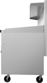 A side view of a modern, stainless steel restaurant range with four black caster wheels. The top features an angled metallic tray or chute, and the unit’s clean, industrial design includes visible screws and smooth surfaces.
