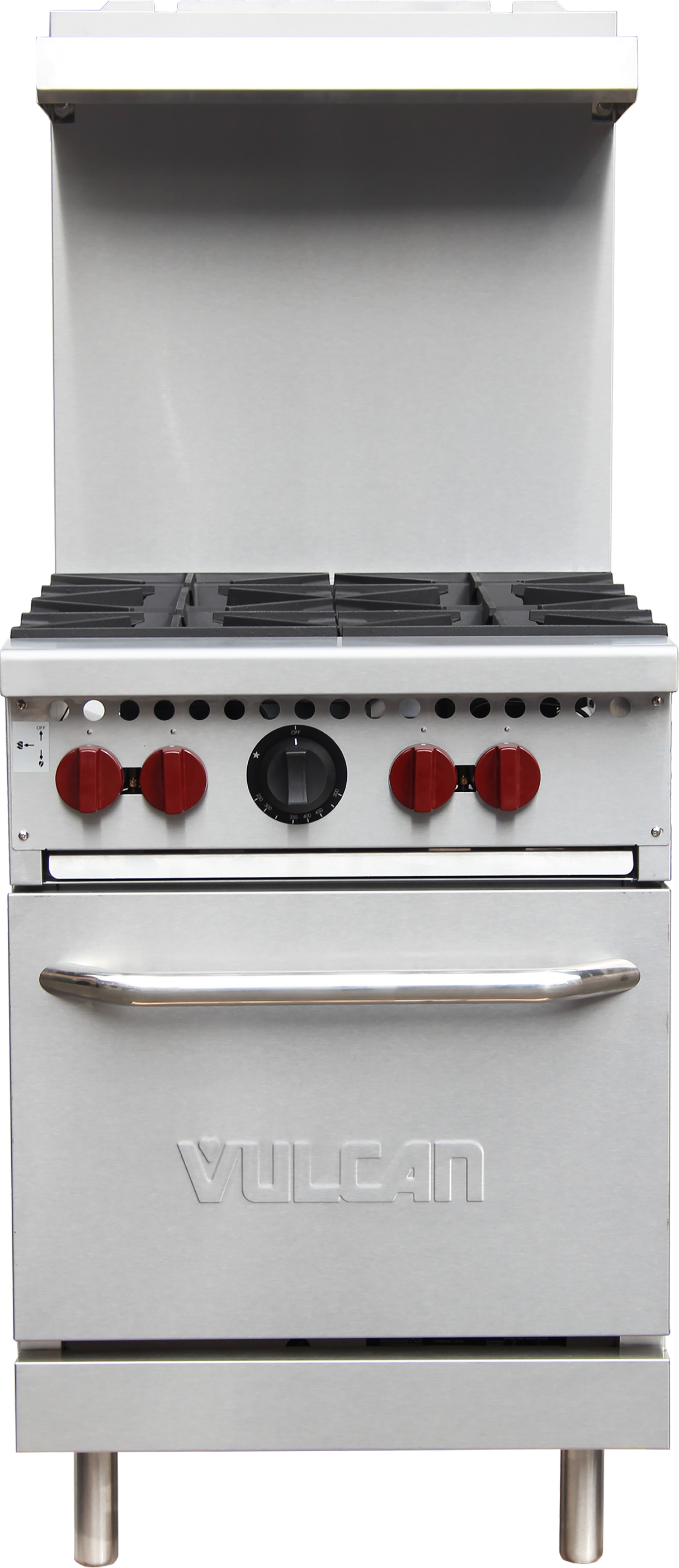 A stainless steel Vulcan commercial restaurant range with six black natural gas burners, four red control knobs, a central black timer or thermostat, and a large oven door below with a horizontal handle and VULCAN embossed on the front.