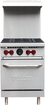 A commercial stainless steel restaurant range with six black burners, four red control knobs, a central dial, and a large oven door labeled “Vulcan.” This 24 inch natural gas stove features an upward backsplash and stands on four short legs.