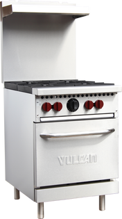 A commercial stainless steel Vulcan restaurant range with 4 burners, oven, and backsplash. The control panel features four red burner knobs, one black oven knob, and indicator lights. Powered by natural gas and supported by sturdy metal legs.