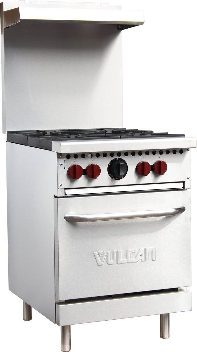 A commercial stainless steel Vulcan restaurant range with 4 burners, oven, and backsplash. The control panel features four red burner knobs, one black oven knob, and indicator lights. Powered by natural gas and supported by sturdy metal legs.