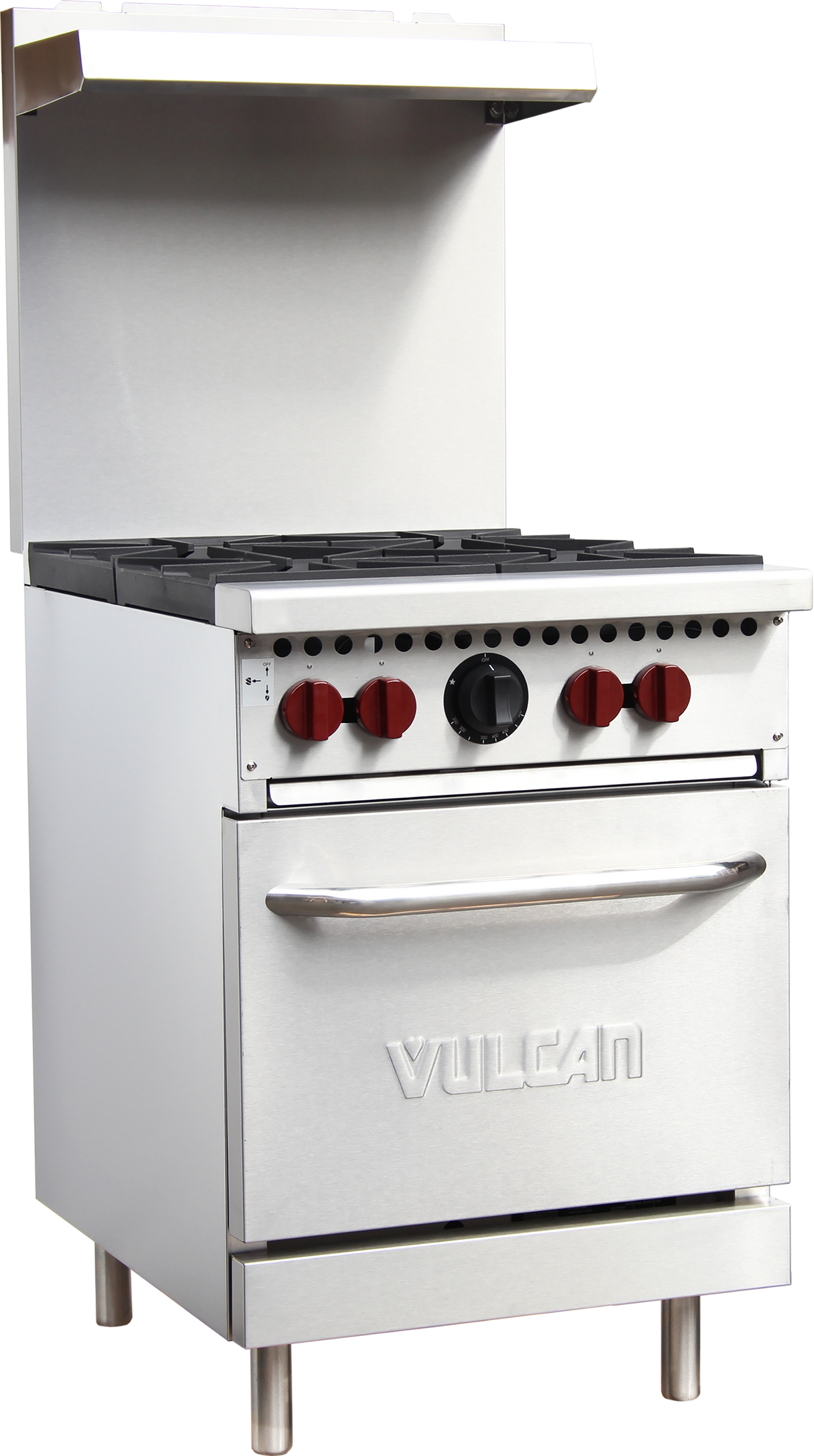 A commercial 24 inch stainless steel Vulcan restaurant range with an oven below, four burner knobs, one central black knob, and a vented backsplash. The oven door features a sturdy handle and VULCAN embossed on the front. Runs on natural gas.