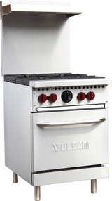 A commercial 24 inch stainless steel Vulcan restaurant range with an oven below, four burner knobs, one central black knob, and a vented backsplash. The oven door features a sturdy handle and VULCAN embossed on the front. Runs on natural gas.