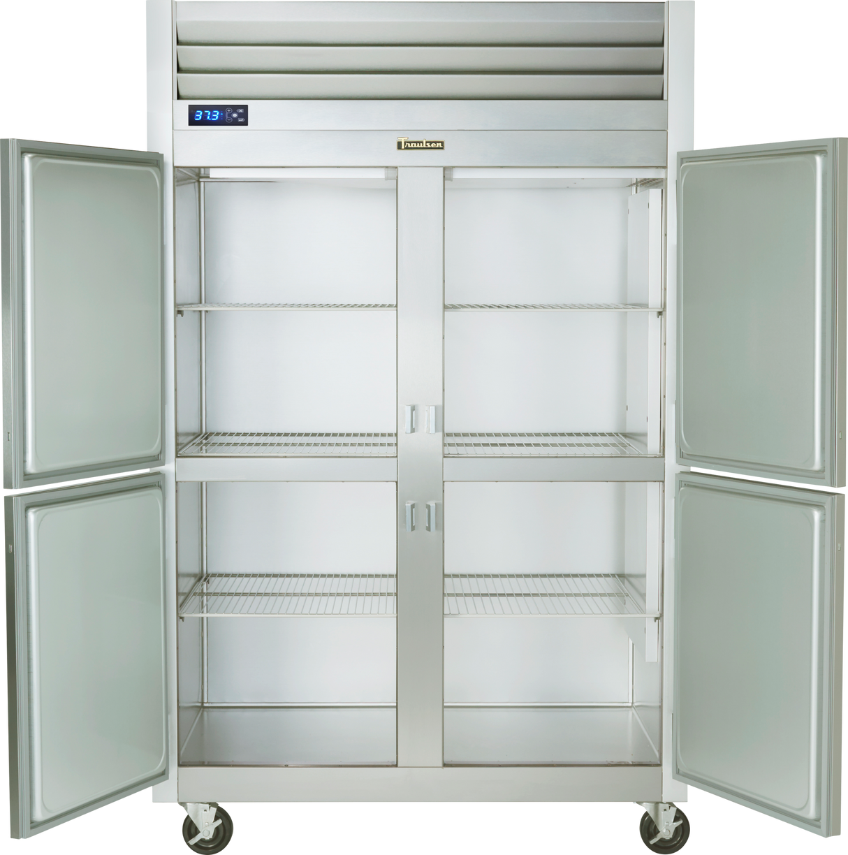 A large Traulsen reach-in refrigerator with four doors wide open, revealing empty wire shelves inside. The fridge has a digital temperature display at the top left and is mounted on wheels for easy mobility.