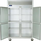 A large Traulsen reach-in refrigerator with four doors wide open, revealing empty wire shelves inside. The fridge has a digital temperature display at the top left and is mounted on wheels for easy mobility.