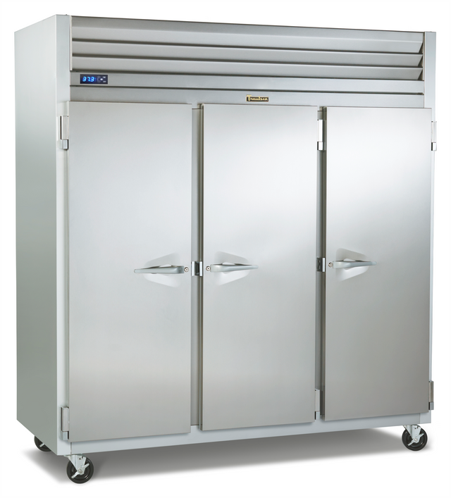 The Traulsen G30010 is a large commercial reach-in refrigerator with three doors, horizontal handles, top vents, four caster wheels, and a digital temperature readout on the upper left corner—perfect for any Dealers Choice Refrigerator need.