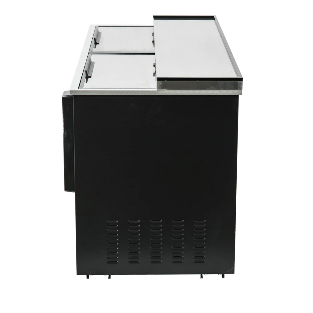 An Empura commercial black bottle cooler with a stainless steel top, viewed from the side. It features two closed horizontal sliding doors on top, vent openings near the bottom panel, and is set against a plain white background.