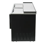 An Empura commercial black bottle cooler with a stainless steel top, viewed from the side. It features two closed horizontal sliding doors on top, vent openings near the bottom panel, and is set against a plain white background.