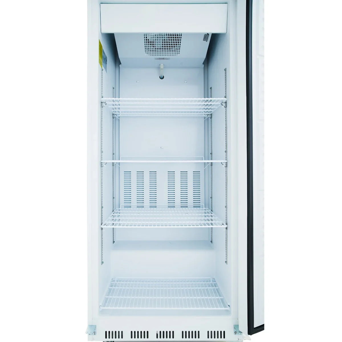A tall, empty Empura Refrigeration reach-in refrigerator with a glass door, three wire shelves, and a vented back panel. The interior is brightly lit, clean, and spacious. The door is partially open, and the commercial refrigerator stands upright.