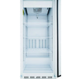 A tall, empty Empura Refrigeration reach-in refrigerator with a glass door, three wire shelves, and a vented back panel. The interior is brightly lit, clean, and spacious. The door is partially open, and the commercial refrigerator stands upright.