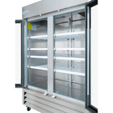 A large Empura E-KB54FG commercial reach-in freezer with two open glass doors and empty wire shelves inside. The stainless steel freezer is well-lit, has a bottom vent, and the brand name “Empura” on the top left corner.