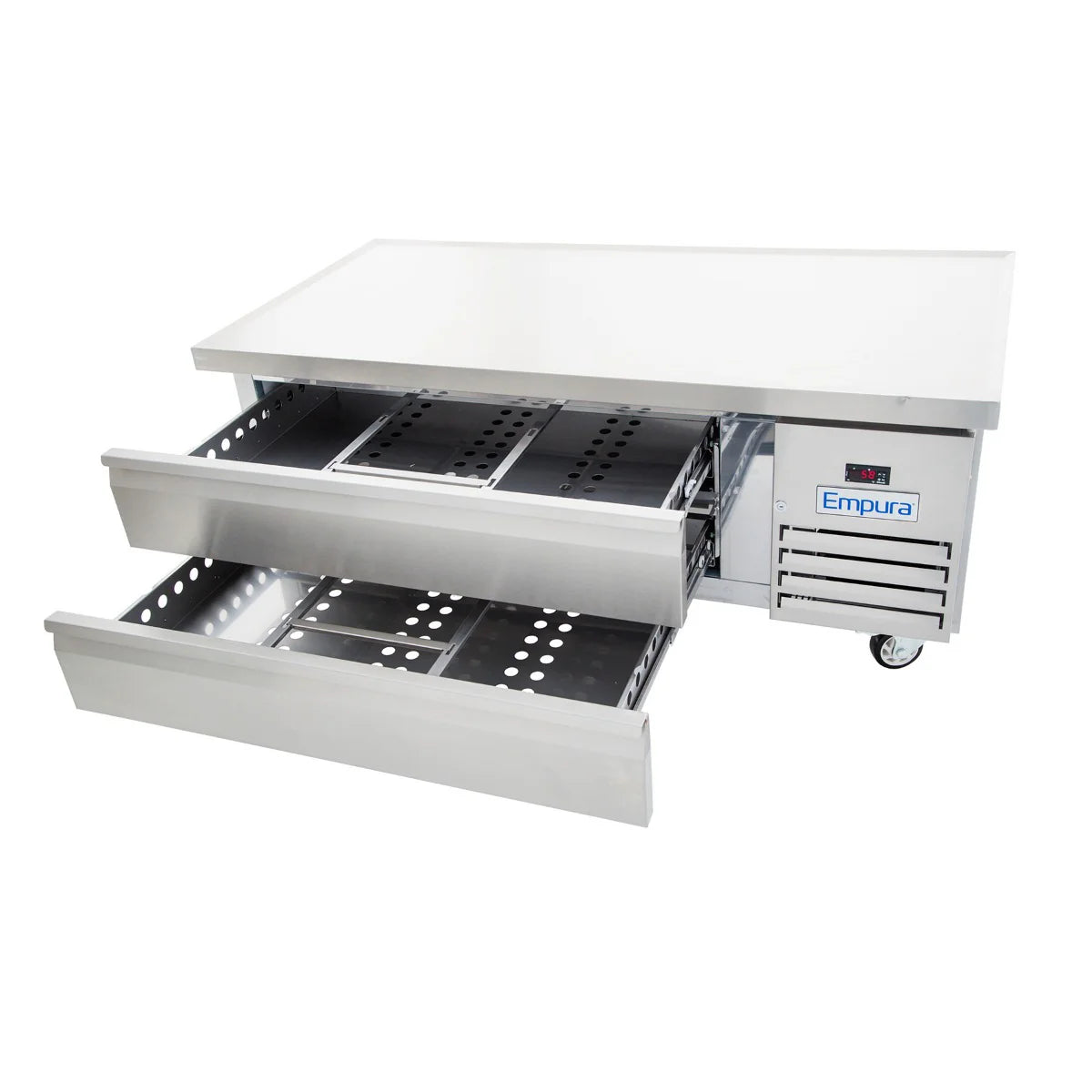A stainless steel Empura refrigerated equipment stand on wheels features two open drawers with perforated metal interiors for food storage, a vented cooling unit on the right, and a flat top surface for workspace.