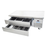 A stainless steel Empura refrigerated equipment stand on wheels features two open drawers with perforated metal interiors for food storage, a vented cooling unit on the right, and a flat top surface for workspace.