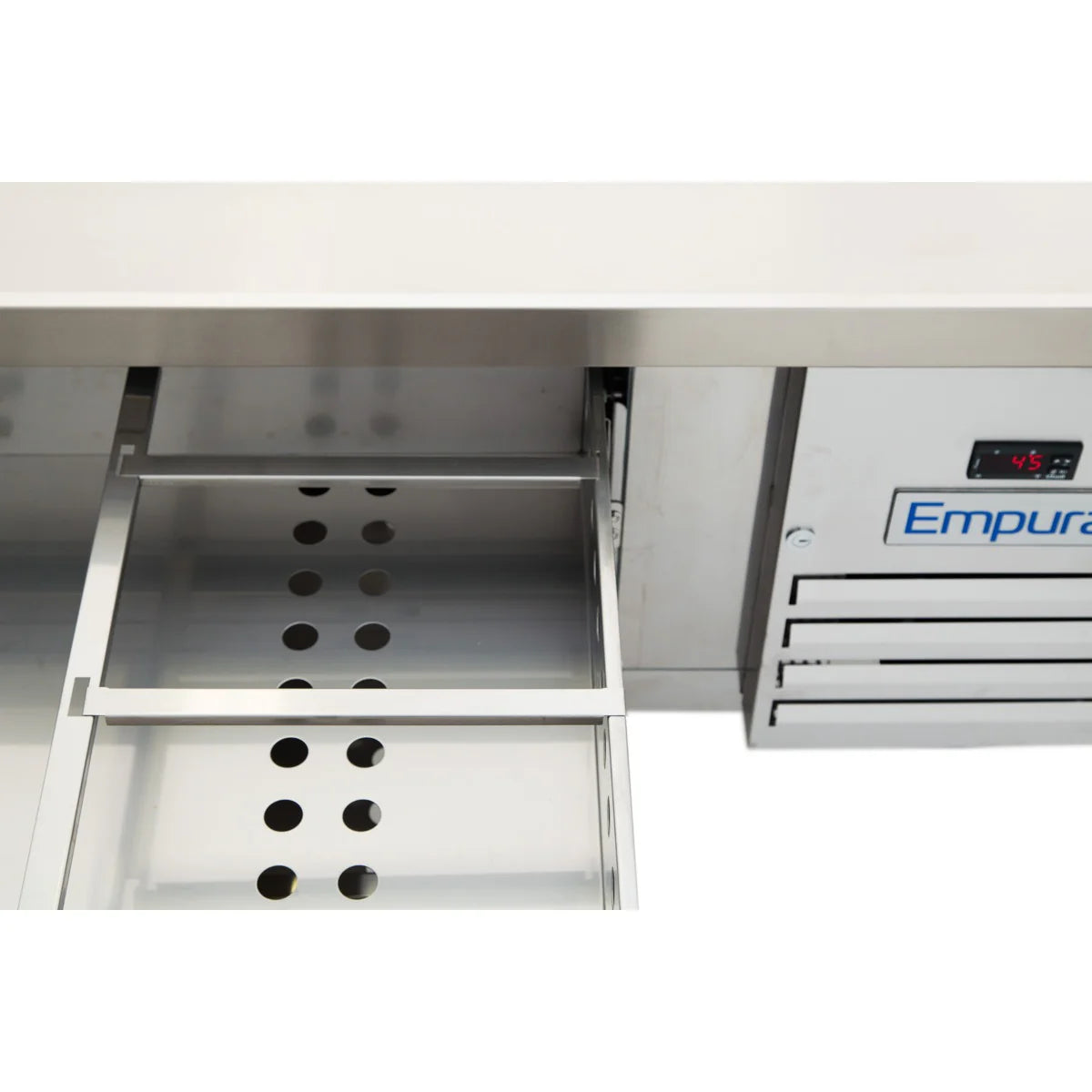 Close-up of an Empura refrigeration equipment stand drawer, partially open to reveal a perforated tray inside. The digital temperature display reads 45°F, and part of the brand name is visible on the stainless steel refrigerated front panel.