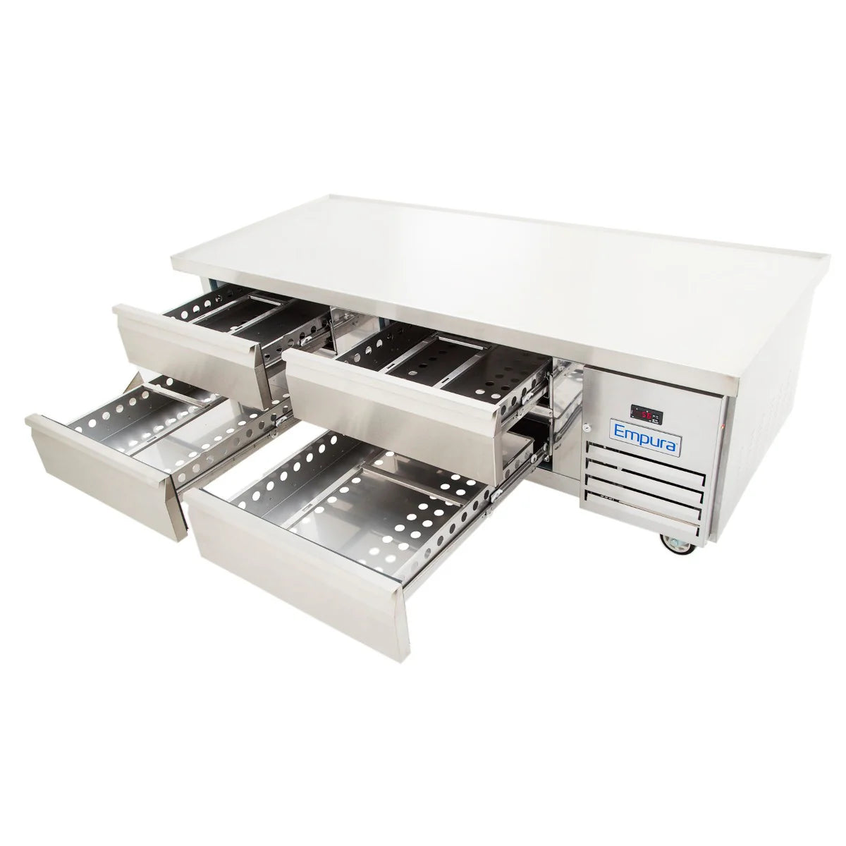 A stainless steel refrigerated stand by Empura features four open drawers with ventilation holes, a flat top surface, wheels for mobility, and a digital temperature display panel on the lower right side—ideal as a reliable refrigerated equipment stand.