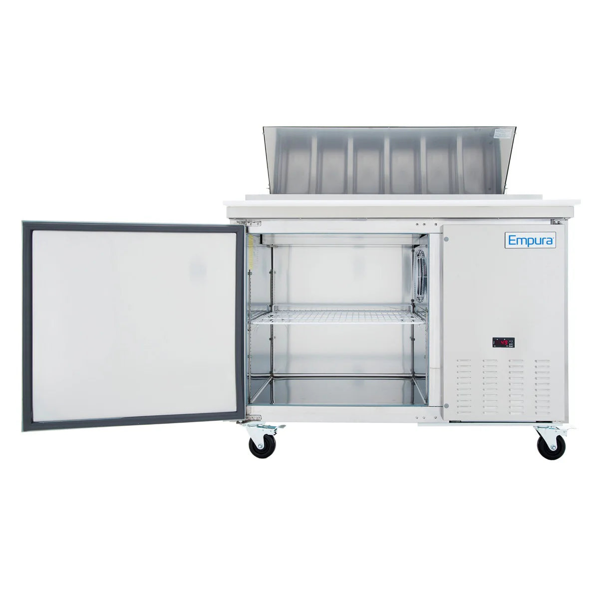 A commercial Empura stainless steel prep table refrigerator with a white exterior, one open front door revealing wire shelving inside, an open top lid exposing food compartments, and four caster wheels. The Empura logo is visible on the right side.