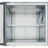 A stainless steel laboratory incubator with a glass door, shown open and empty. It features a single white wire shelf in the middle, reflective interior walls, and a circular fan vent—similar to those found in commercial refrigeration units.