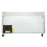 A commercial Empura Refrigeration unit with a stainless steel exterior is viewed from the back. The fridge sits on four caster wheels, with a visible compressor compartment and information stickers on the rear right panel.