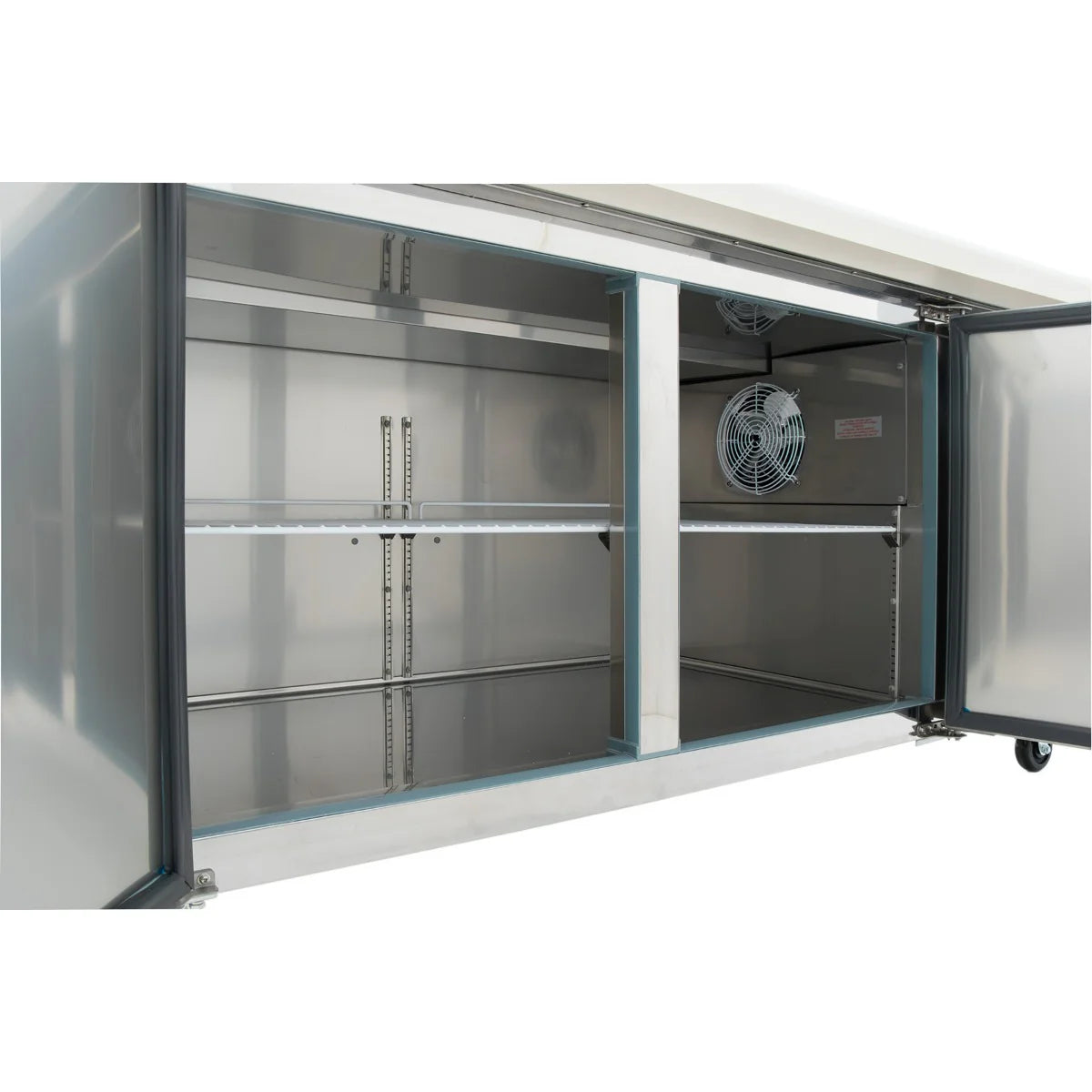 A stainless steel Empura Refrigeration commercial refrigerator with two open glass doors exposes empty interior shelves and a cooling fan at the back. The fridge is clean, well-lit, and sits on wheels for easy mobility.
