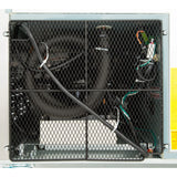 A close-up of a machine’s internal components, viewed through a black metal mesh panel. Coiled tubes, colored wires, and electronic parts are visible, with a thick black cable running diagonally—showcasing the stainless steel durability of Empura Refrigeration.