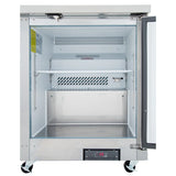 A stainless steel Commercial Freezer with its single door open reveals empty white interior shelves and a digital temperature display reading -56°F at the bottom. This Empura Freezer is on wheels and features a vented back panel inside.