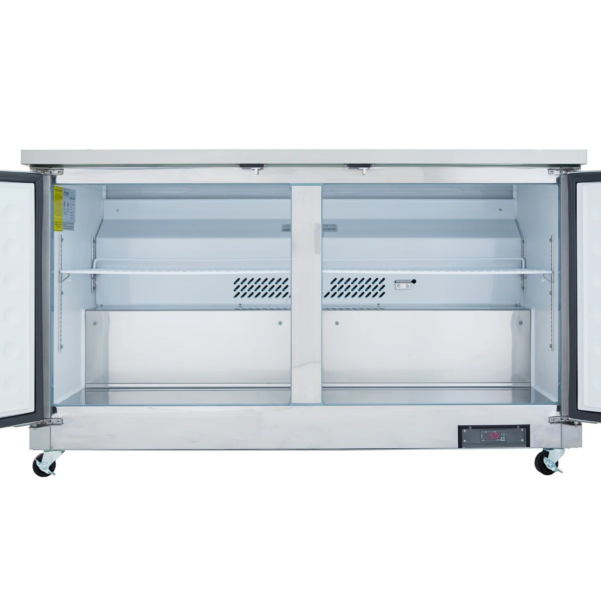 A stainless steel Empura Refrigeration commercial refrigerator with both doors open reveals an empty interior, a horizontal wire shelf, vented back panel, and a digital control panel on the bottom right. Four casters provide easy mobility.