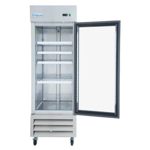 An Empura Refrigeration glass door refrigerator stands upright on four wheels, featuring a vented panel below and a display above the door. The open reach-in refrigerator reveals metal shelves inside illuminated by interior LED lighting.