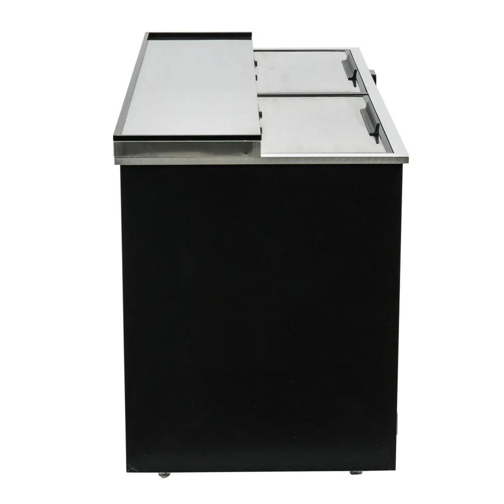 Side view of an Empura commercial refrigeration food prep table with a black body, flat top surface, and two sliding metal lids. This modern unit doubles as a bottle cooler and is ideal for restaurant kitchens’ storage and preparation needs.