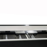 Close-up view of an Empura commercial refrigeration unit with sliding glass doors partially open, revealing white wire shelves and ventilation fans inside. The exterior bottle cooler is black and silver, set against a plain white background.