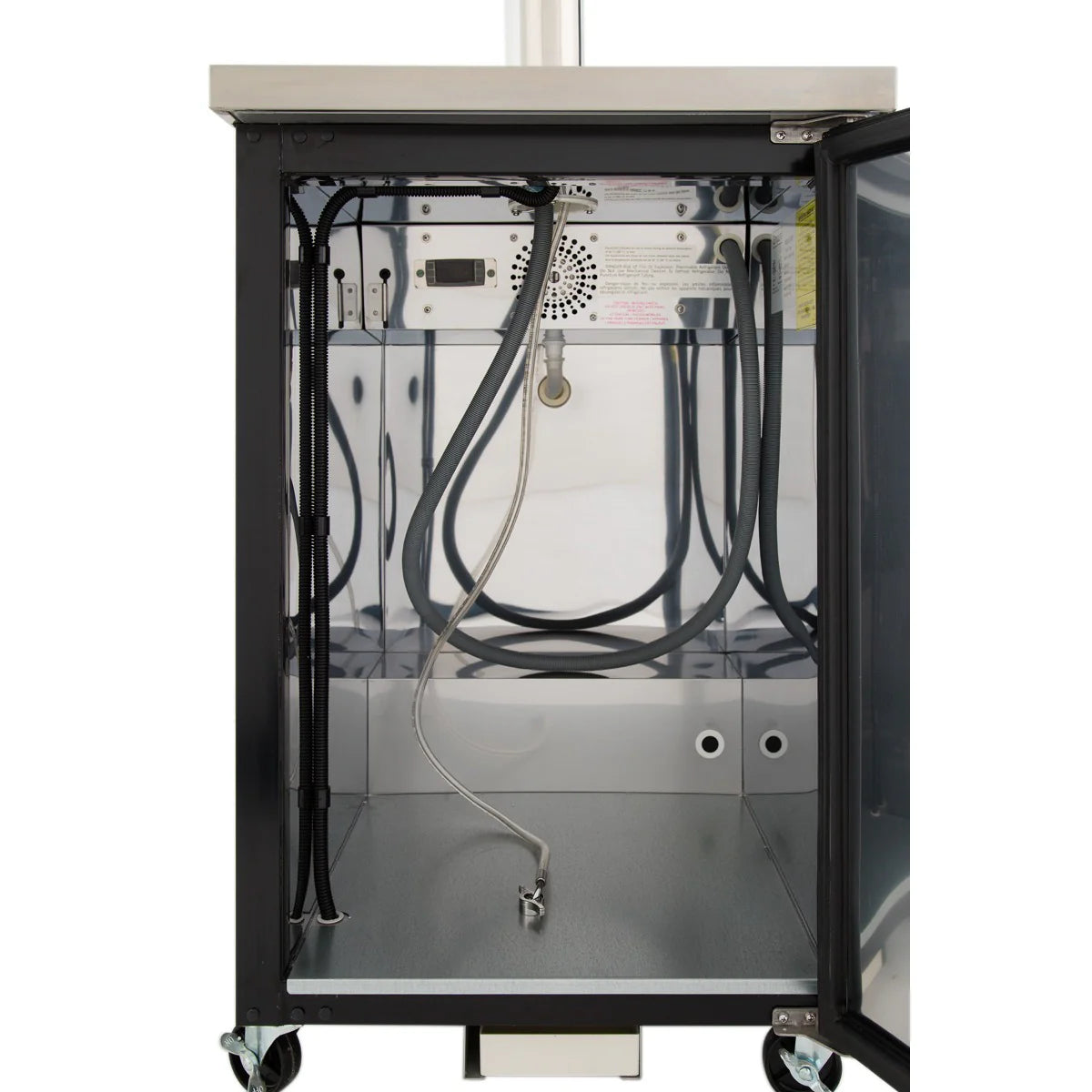 An open stainless steel Empura Refrigeration cabinet on casters reveals an empty interior with several black and silver cables, a metal vented panel, and two circular ports—perfect for a Direct Draw Beer Dispenser setup. The glass door is open, showing the reflective interior.