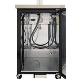 An open stainless steel Empura Refrigeration cabinet on casters reveals an empty interior with several black and silver cables, a metal vented panel, and two circular ports—perfect for a Direct Draw Beer Dispenser setup. The glass door is open, showing the reflective interior.