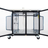 A stainless steel, mobile laboratory enclosure with dual transparent doors open wide, showing an empty interior with tubing, metal hooks, and a vent on the back wall—ideal for converting into a direct draw beer dispenser on four caster wheels.