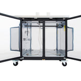 A stainless steel Direct draw beer dispenser cabinet with both transparent doors open, revealing an empty interior. The unit stands on four caster wheels, showcasing internal wiring and metal fixtures against a plain white background for a clean, industrial look.