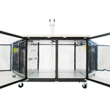 A stainless steel commercial keg cooler with two glass doors open, revealing an empty interior. The cart features four wheels, a flat countertop, and a dual tap tower on top—ideal as a direct draw beer dispenser. Inside are metal surfaces and some tubing.