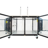 A stainless steel Empura Refrigeration Direct Draw Beer Dispenser with two open transparent doors reveals an empty interior. Two beer tap handles sit on top, and four caster wheels add mobility. Inside, tubing and reflective surfaces are visible.