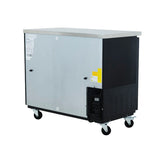 A rectangular Empura Refrigeration unit with a stainless steel top, silver front panel, black side, and a ventilation grid on the front-bottom right. It features casters for mobility, visible labels, and a solid industrial design against a plain white background.