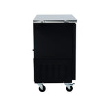 A black Empura Refrigeration unit with a stainless steel top is shown from the side. Featuring four caster wheels, a solid door, and lower ventilation grilles, this versatile back bar cooler stands out against a plain white background.