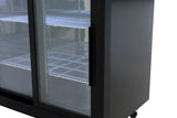 Partial view of a commercial refrigeration unit with empty white wire shelves inside. The refrigerator has a black frame, vertical handle, and is set on wheels. The glass door reflects light, emphasizing its transparency—ideal for any back bar cooler setup.