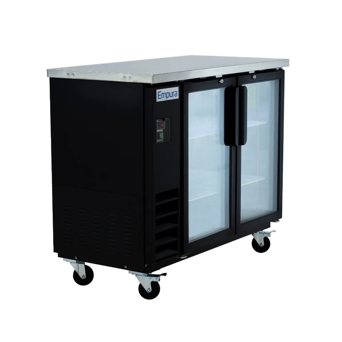 A black Empura Refrigeration back bar cooler with two glass doors, a stainless steel top, and four caster wheels. The interior has two shelves, and the control panel is on the left under the Empura label. Set against a plain white background.