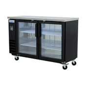 A commercial black Empura back bar cooler with two glass doors, metal frame, four caster wheels, and a stainless steel counter on top. Two shelves are visible inside, and the Empura Refrigeration control panel is on the left.