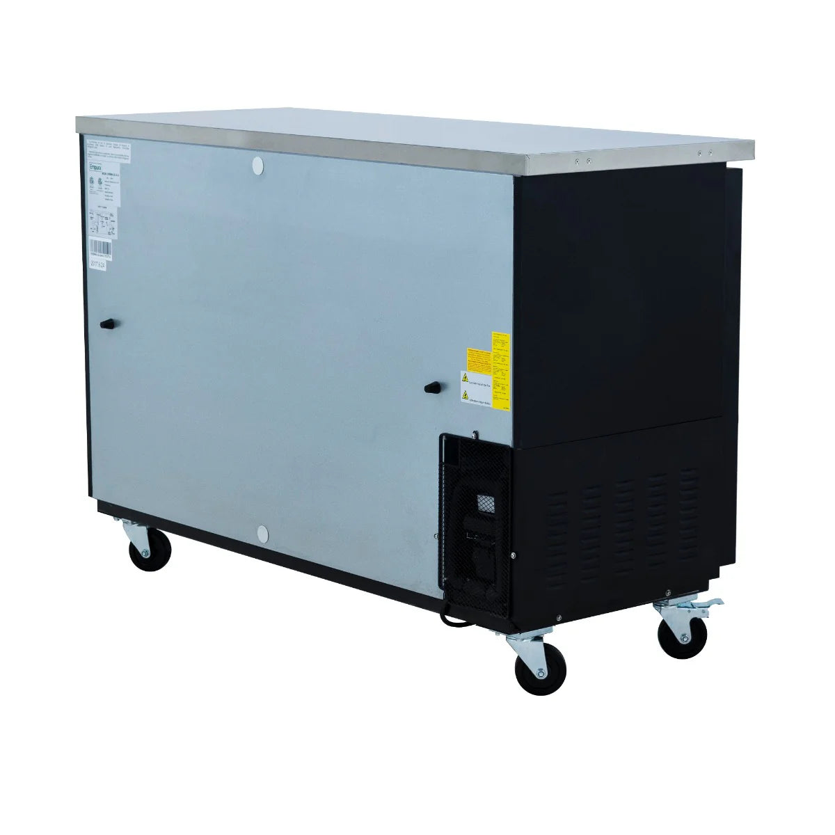 A rectangular Empura Refrigeration Back Bar Cooler with a stainless steel top, metallic body, black sides, vented compressor section, info labels, and four casters for mobility. The unit is photographed against a white background.