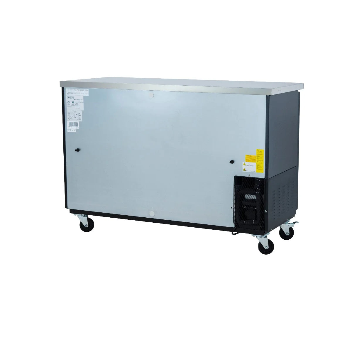 A large Empura Refrigeration cooler on four wheels with a stainless steel body, closed top, sliding glass doors, and a visible compressor unit on the bottom right. Information labels are on the left with yellow warning stickers on the right side.