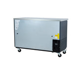 A large Empura Refrigeration cooler on four wheels with a stainless steel body, closed top, sliding glass doors, and a visible compressor unit on the bottom right. Information labels are on the left with yellow warning stickers on the right side.