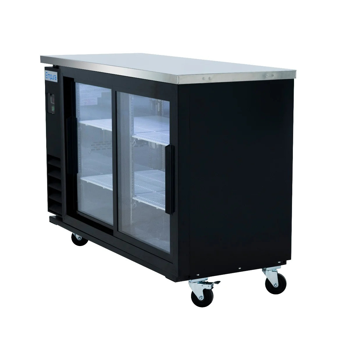 A black Empura Refrigeration Back Bar Cooler with a stainless steel top, sliding glass doors, visible interior shelves, and four caster wheels for mobility, set against a plain white background.
